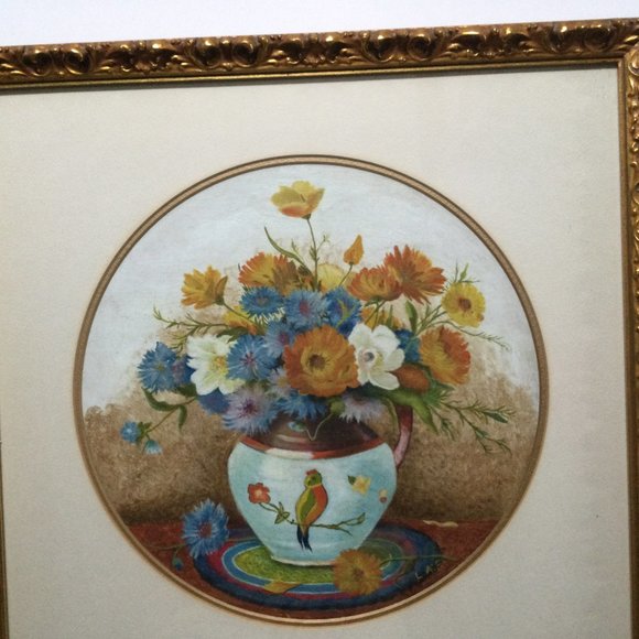 1969 Original painting still life vase and flowers beautiful frame artist L.A.F - Picture 2 of 5